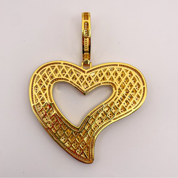 Huge Iced Out Baguette & Round Cubic Zirconia Hollow Heart Pendant for Necklace - Picture 9 of 10